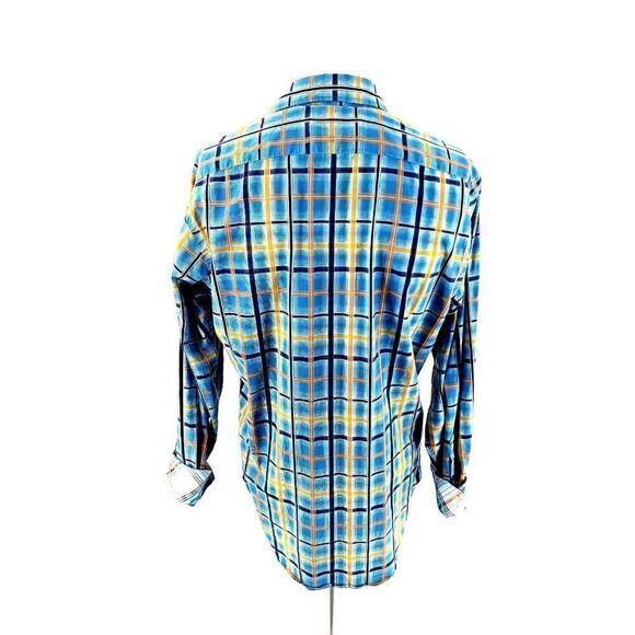 Thomas Dean Small Blue Yellow Windowpane Flip‎ Cuff Button Front Dress Shirt - Picture 5 of 9